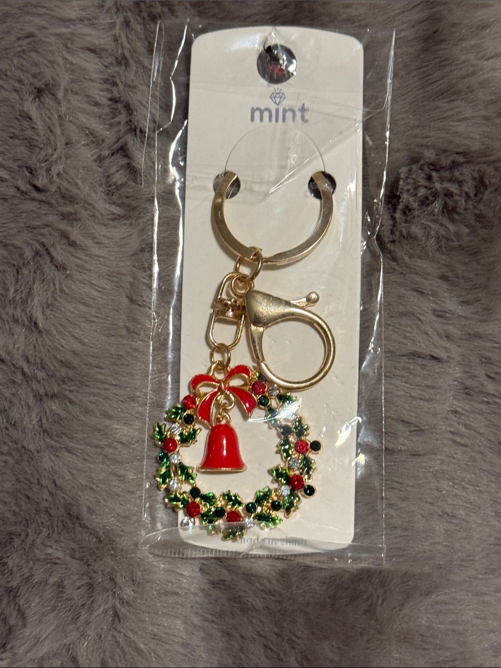 Mint Gold-Tone Wreath Keychain with Red Bell and Green Accents